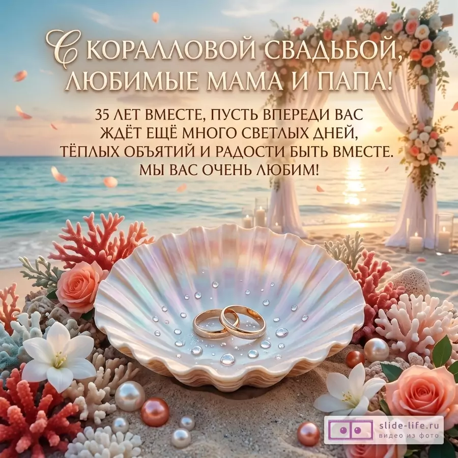 Морской закат, голубое небо и вода, песок, ракушка с кольцами и жемчужинами, кораллы и цветы. Текст: «С КОРАЛОВОЙ СВАДЬБОЙ, ЛЮБИМЫЕ МАМА И ПАПА! 35 ЛЕТ ВМЕСТЕ... МЫ ВАС ОЧЕНЬ ЛЮБИМ!»