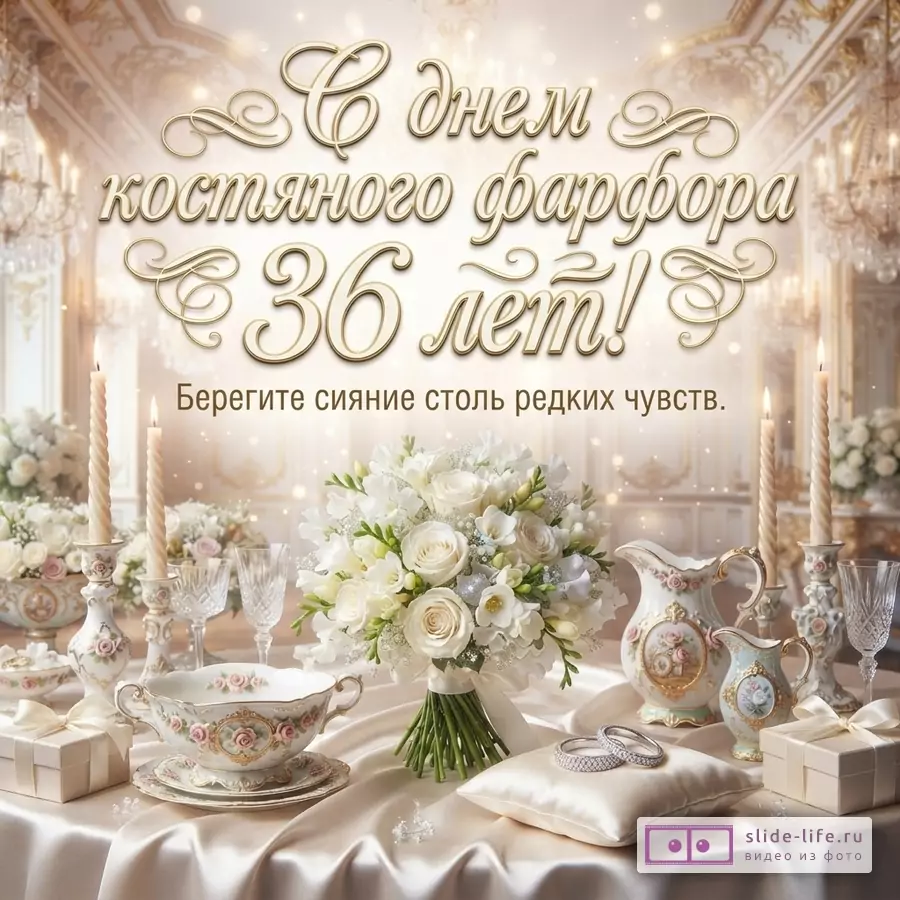 Открытка на бежевом фоне с золотыми узорами. В центре стола букет белых цветов, фарфоровая посуда, свечи, подарки и обручальные кольца. Текст: «С днем костяного фарфора 36 лет! Берегите сияние столь редких чувств.»