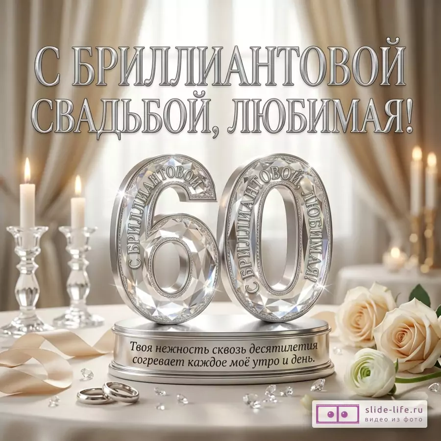 Прозрачная цифра 60 из кристалла на серебристой подставке, обручальные кольца, белые розы, свечи, светлый бежевый интерьер, текст «С бриллиантовой свадьбой, любимая! Твоя нежность сквозь десятилетия согревает каждое мое утро и день.»