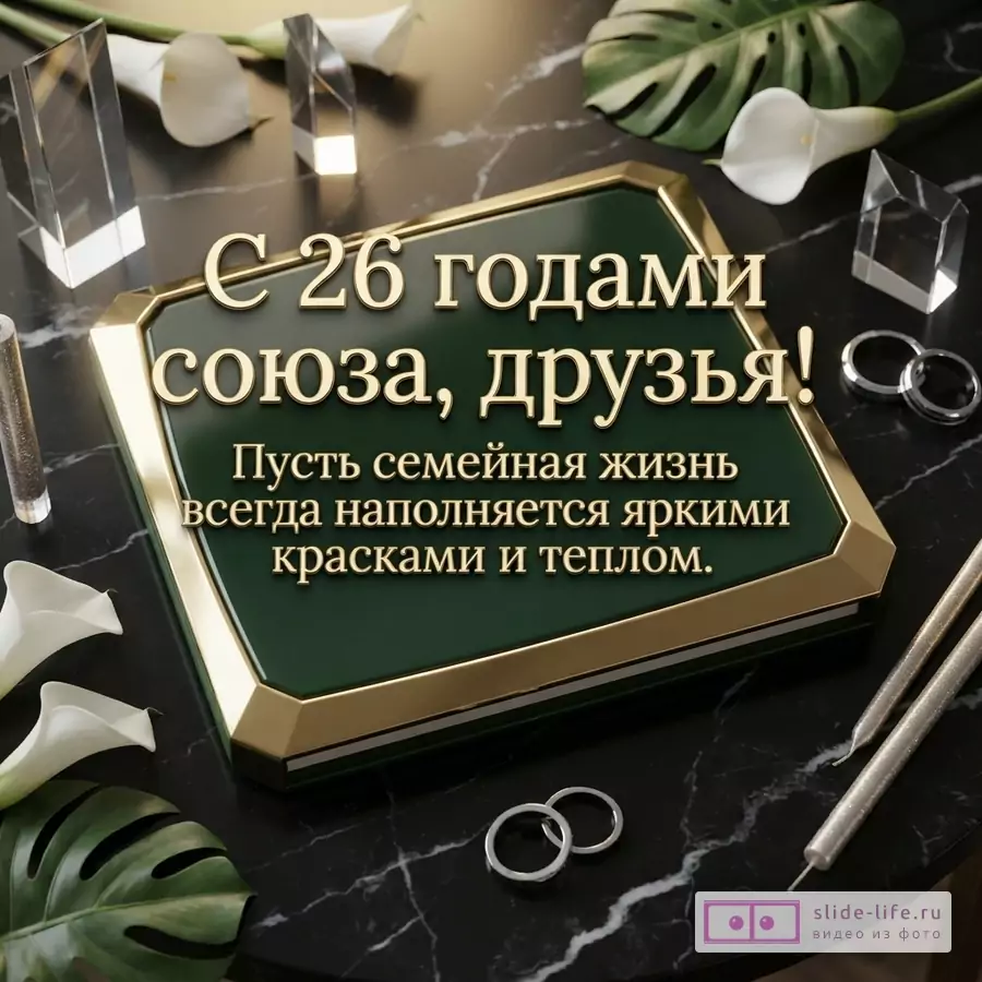 Зеленая табличка с золотом на черном мраморе, каллы, кольца и надпись: «С 26 годами союза, друзья! Пусть семейная жизнь всегда наполняется яркими красками и теплом.»