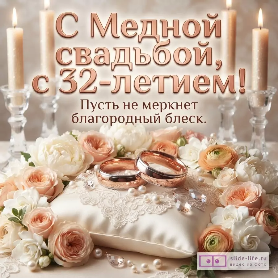 Свечи, кольца на подушечке, цветы, фон бежевый. Текст: «С Медной свадьбой, с 32-летием! Пусть не меркнет благородный блеск.»