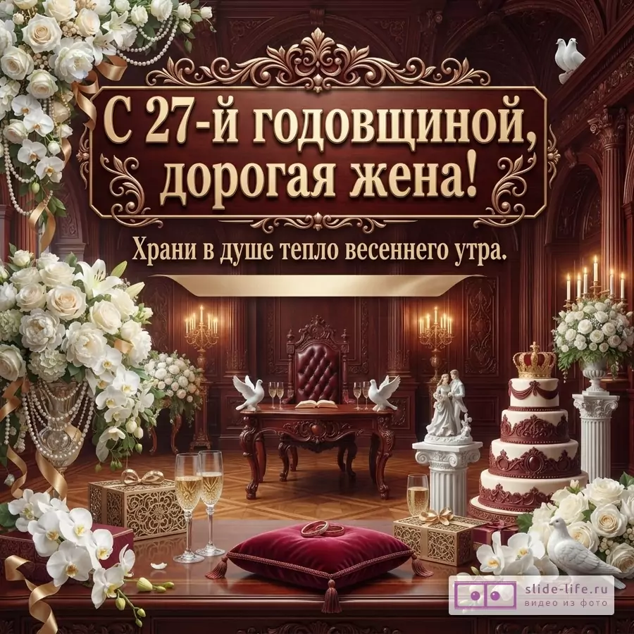 Фон из темного дерева, по бокам белые розы и орхидеи. В центре рамка с надписью «С 27-й годовщиной, дорогая жена! Храни в душе тепло весеннего утра.»