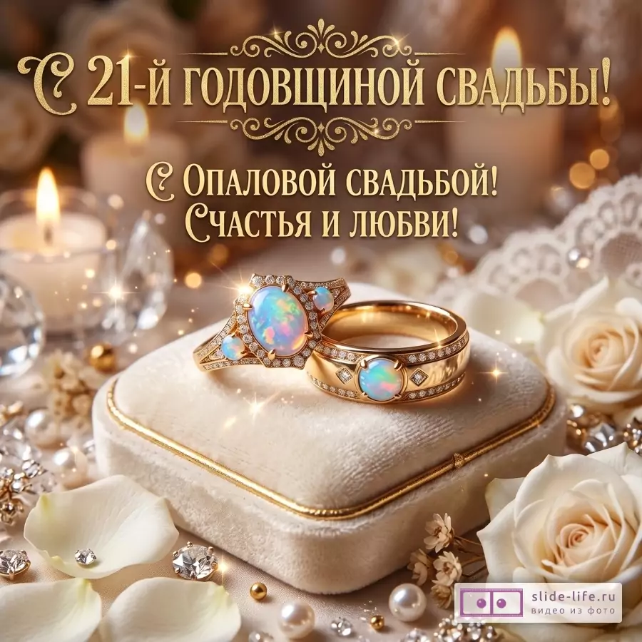 Золотые кольца с опалами на белой бархатной коробочке, бежево-кремовый фон со свечами, белыми розами и кристаллами, текст «С 21-й годовщиной свадьбы! С Опаловой Свадьбой! Счастья и Любви!»
