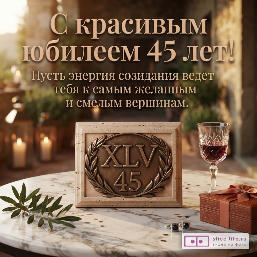 Открытка с юбилеем 45 лет мужчине. На фоне заката, на столе бокал красного вина, подарочная коробка, запонки и ветка оливы. Вверху надпись «XLV 45», ниже текст «С красивым юбилеем 45 лет! Пусть энергия созидания ведет тебя к самым желанным и смелым вершинам.»