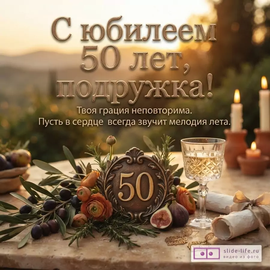 Открытка с юбилеем 50 лет подруге на фоне заката, на столе бокал с напитком, инжир, оливки, цветы, свечи. Текст: «С юбилеем 50 лет, подружка! Твоя грация неповторима. Пусть в сердце всегда звучит мелодия лета.»