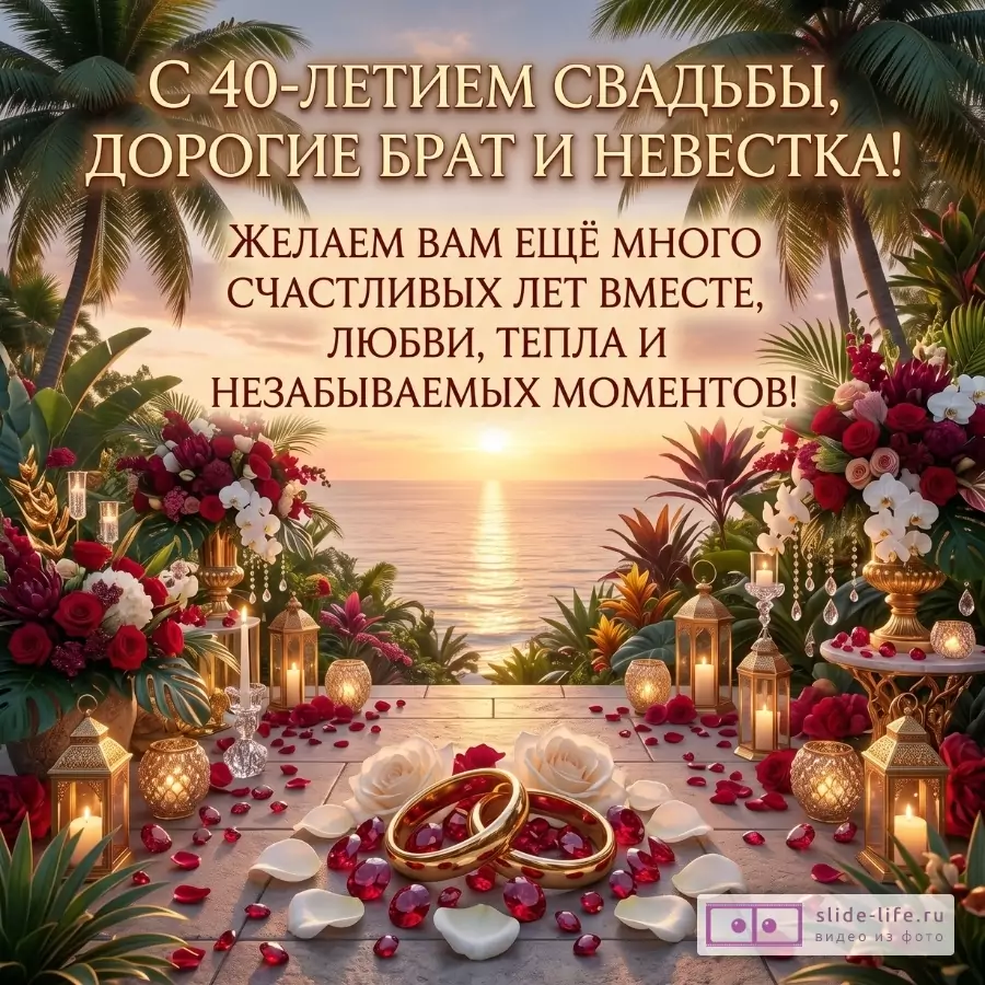 Закат над океаном, пальмы, тропические цветы, свечи и золотые кольца; текст «С 40-ЛЕТИЕМ СВАДЬБЫ, ДОРОГИЕ БРАТ И НЕВЕСТКА!».