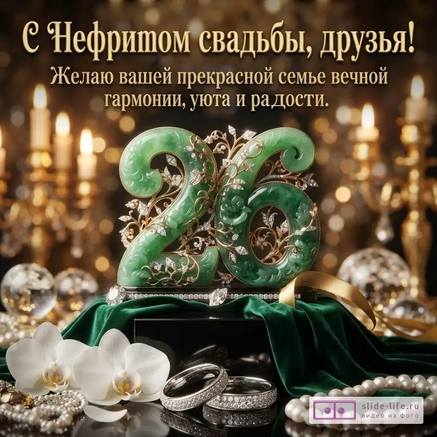 Нефритовая цифра 26 с золотыми узорами, обручальные кольца, жемчуг, свечи и надпись «С Нефритом свадьбы, друзья! Желаю вашей прекрасной семье вечной гармонии, уюта и радости.»