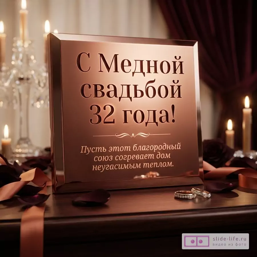 Медная табличка с надписью «С Медной свадьбой 32 года! Пусть этот благородный союз согревает дом неугасимым теплом.» на темном фоне со свечами и кольцами.