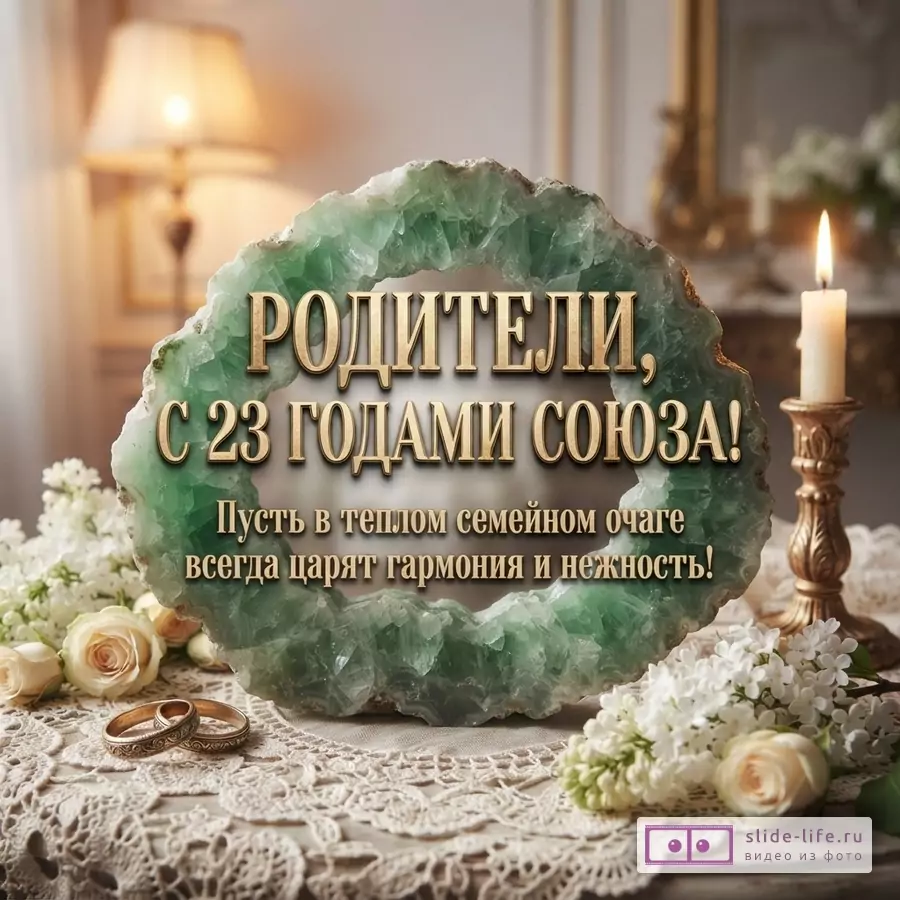 Зеленый берилловый срез камня, обручальные кольца, свеча и белые цветы на кружевной скатерти с надписью «РОДИТЕЛИ, С 23 ГОДАМИ СОЮЗА! Пусть в теплом семейном очаге всегда царят гармония и нежность!»