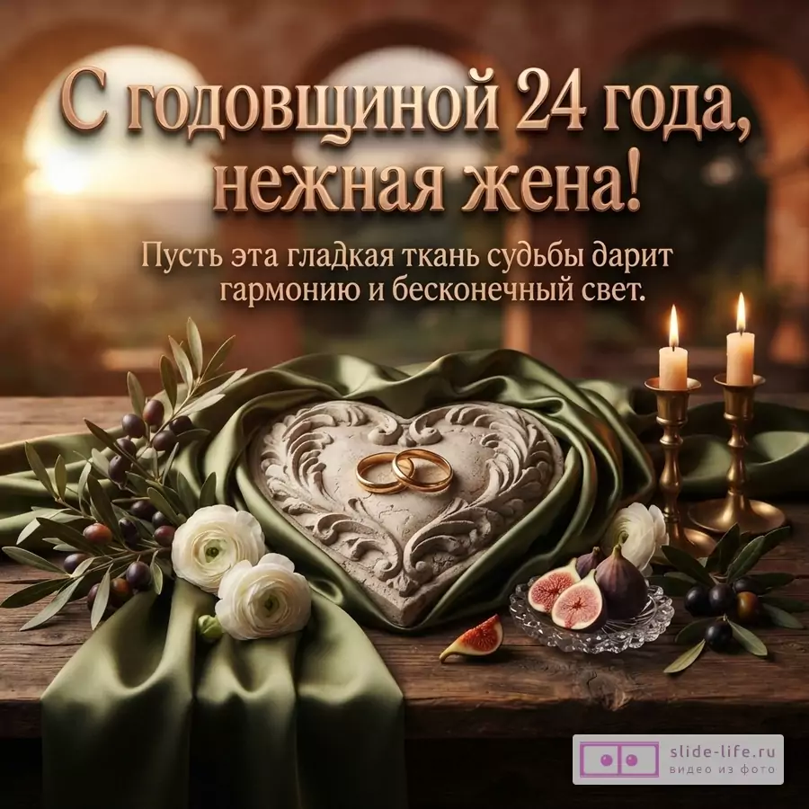 Обручальные кольца в каменном сердце на зеленом атласе со свечами, цветами, инжиром и текстом «С годовщиной 24 года, нежная жена! Пусть эта гладкая ткань судьбы дарит гармонию и бесконечный свет.»