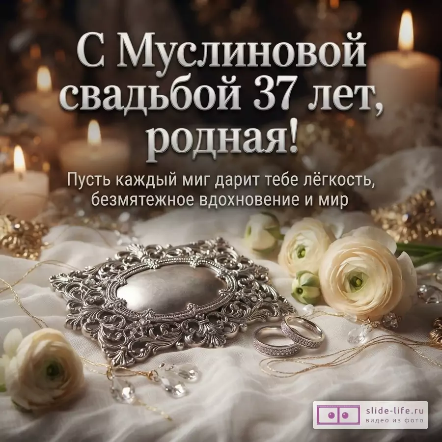 Фон темный, свечи, цветы, кольца, украшения. Текст: «С Муслиновой свадьбой 37 лет, родная! Пусть каждый миг дарит тебе лёгкость, безмятежное вдохновение и мир»