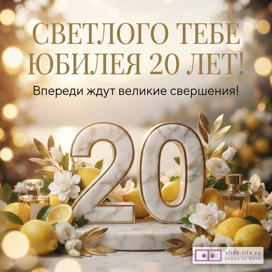 Фон с размытыми золотистыми шарами и солнечным светом. В центре крупные цифры «20» из белого мрамора с золотой окантовкой, окруженные белыми цветами, зелеными листьями и лимонами. Рядом с цифрами стоят флаконы духов. Надпись сверху: «Светлого тебе юбилея 20 лет! Впереди ждут великие свершения!»
