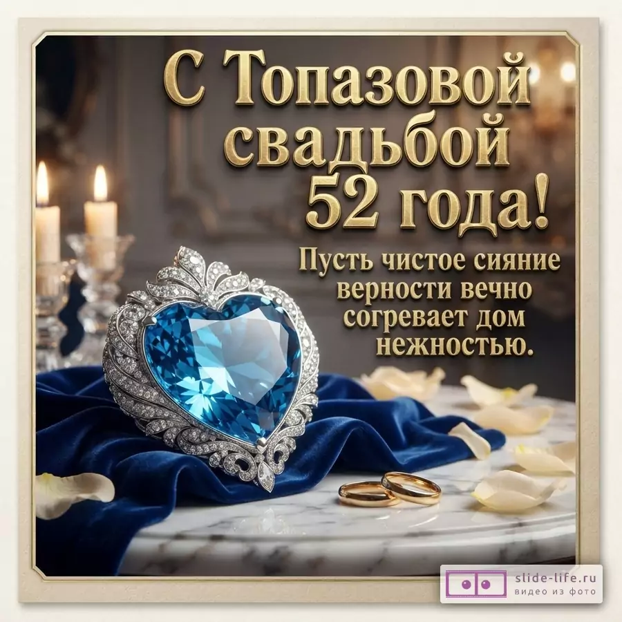 Открытка с золотой рамкой на темном фоне. В центре крупный голубой топаз в форме сердца, украшенный мелкими бриллиантами, лежит на синей бархатной ткани. Рядом два золотых обручальных кольца и белые лепестки. Слева на заднем плане свечи. Текст: «С Топазовой свадьбой 52 года! Пусть чистое сияние верности вечно согревает дом нежностью.»