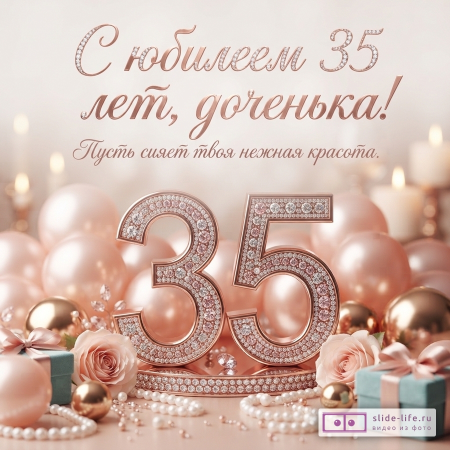 Объемная цифра 35 с кристаллами, воздушные шары цвета розового золота, розы и текст «С юбилеем 35 лет, доченька! Пусть сияет твоя нежная красота.»