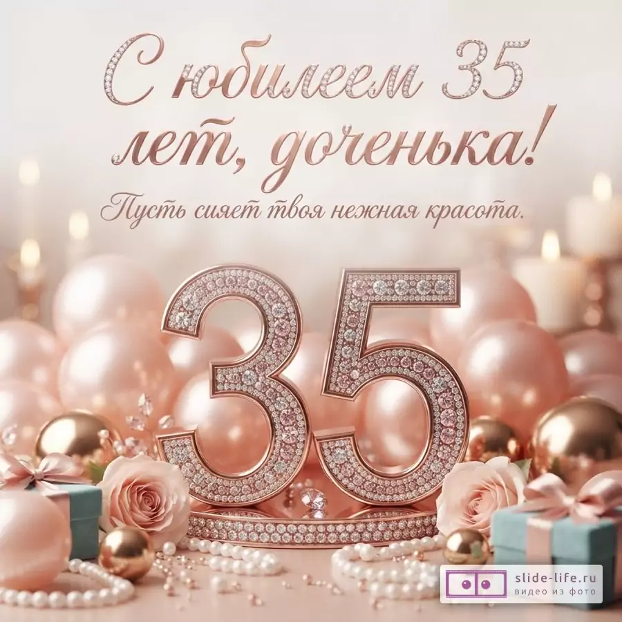 Объемная цифра 35 с кристаллами, воздушные шары цвета розового золота, розы и текст «С юбилеем 35 лет, доченька! Пусть сияет твоя нежная красота.»