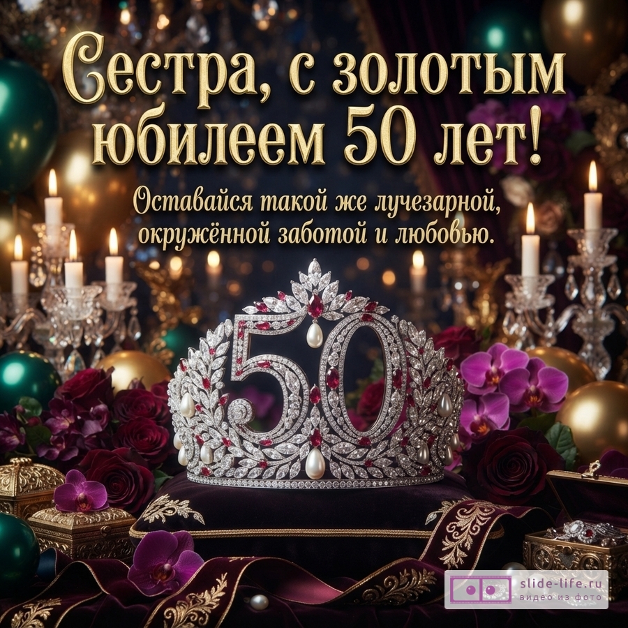 Фон темный, золотые шары, свечи, цветы. В центре корона с цифрой «50». Текст: «Сестра, с золотым юбилеем 50 лет! Оставайся такой же лучезарной, окружённой заботой и любовью.»