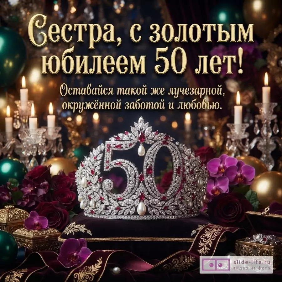 Фон темный, золотые шары, свечи, цветы. В центре корона с цифрой «50». Текст: «Сестра, с золотым юбилеем 50 лет! Оставайся такой же лучезарной, окружённой заботой и любовью.»