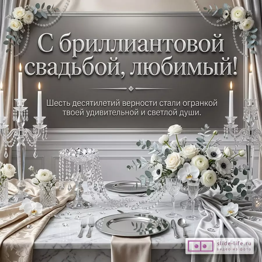 Серебристо-бежевый фон, белые цветы, свечи, хрустальные подсвечники, сервировка стола, жемчужные гирлянды, текст «С бриллиантовой свадьбой, любимый! Шесть десятилетий верности стали огранкой твоей удивительной и светлой души.»
