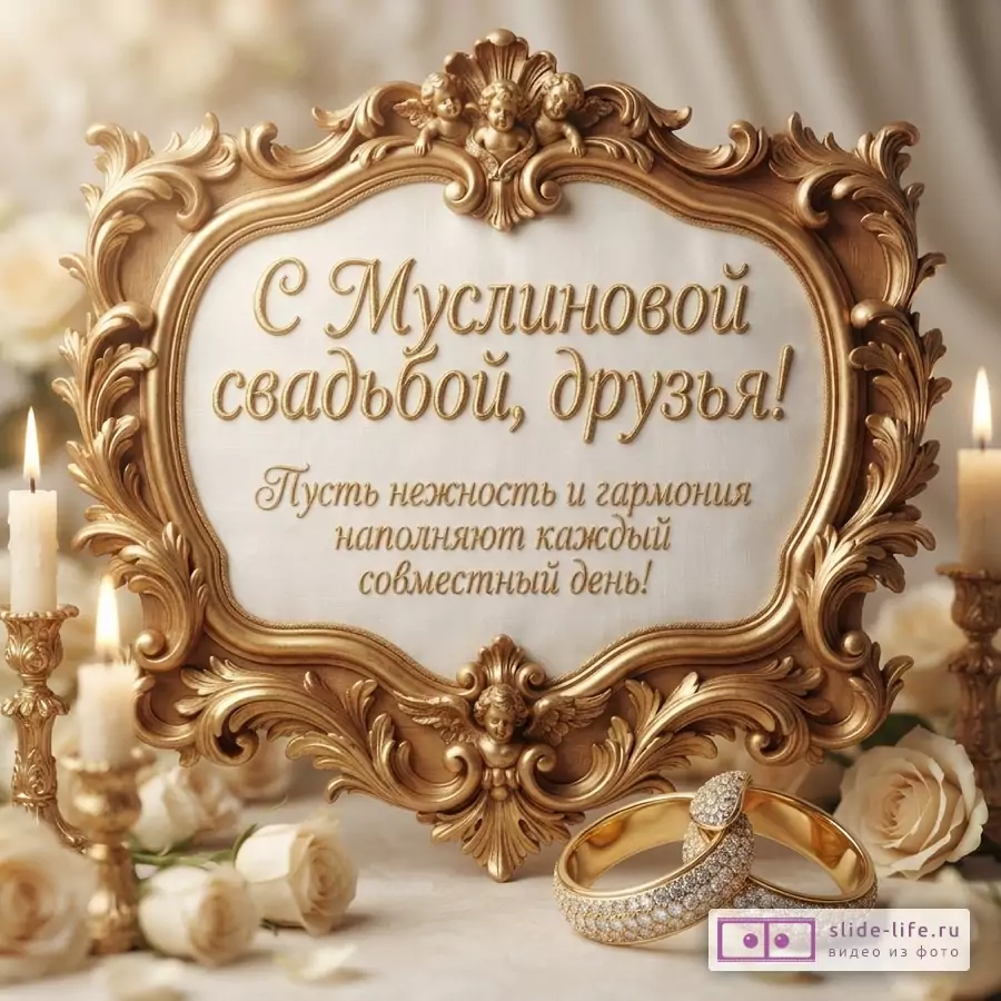 Бежевый фон, золотая рамка с ангелами, две золотые свечи, белые розы, два золотых кольца с бриллиантами. Надпись «С Муслиновой свадьбой, друзья! Пусть нежность и гармония наполняют каждый совместный день!»