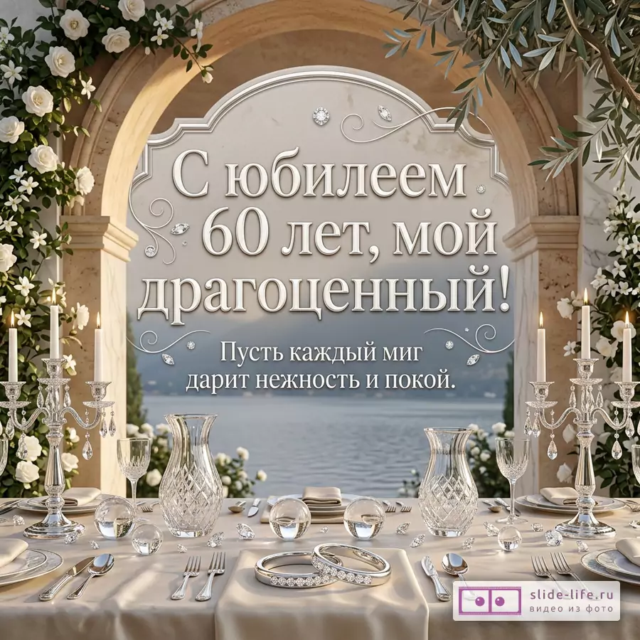 Арка с видом на озеро и горы, белые цветы, свечи, сервировка стола, стеклянные вазы, текст «С юбилеем 60 лет, мой драгоценный! Пусть каждый миг дарит нежность и покой»