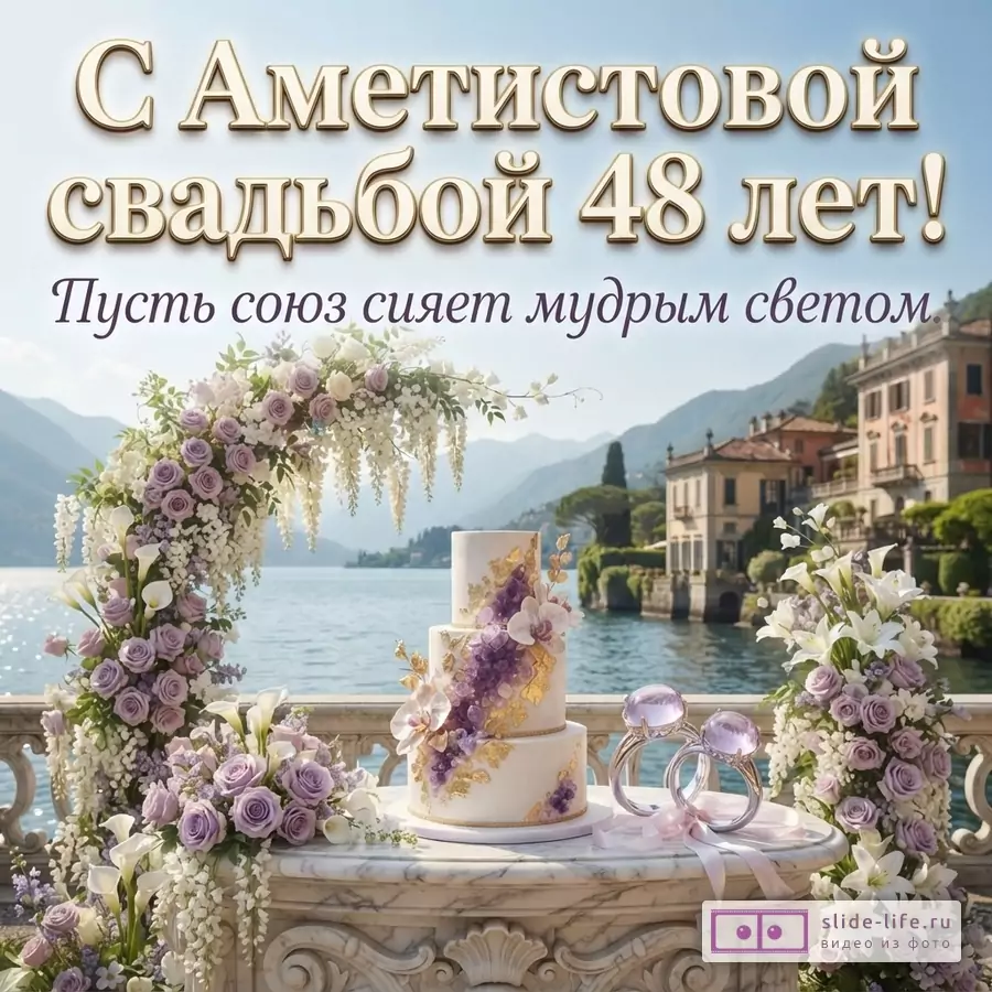 Открытка с аметистовой свадьбой с текстом «С Аметистовой свадьбой 48 лет! Пусть союз сияет мудрым светом.» на фоне озера, свадебного торта и цветов.