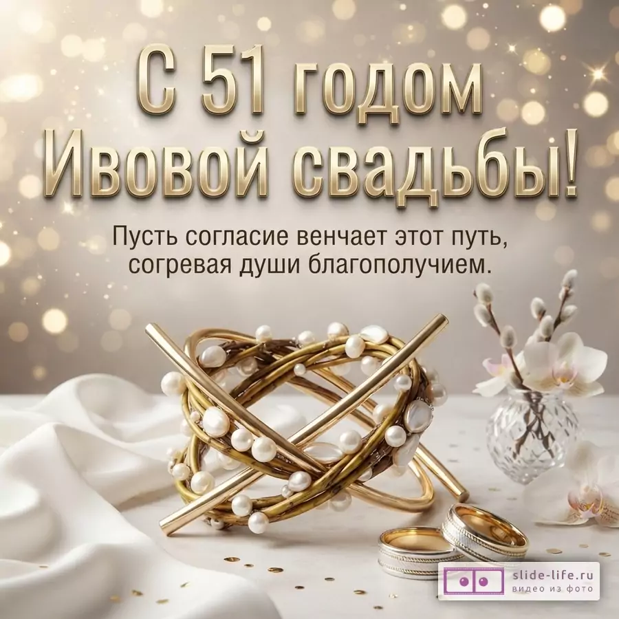 Бежевый фон с золотыми бликами, крупная надпись «С 51 годом Ивовой свадьбы!», ниже текст «Пусть согласие венчает этот путь, согревая души благополучием.», декоративные кольца, жемчуг, орхидеи