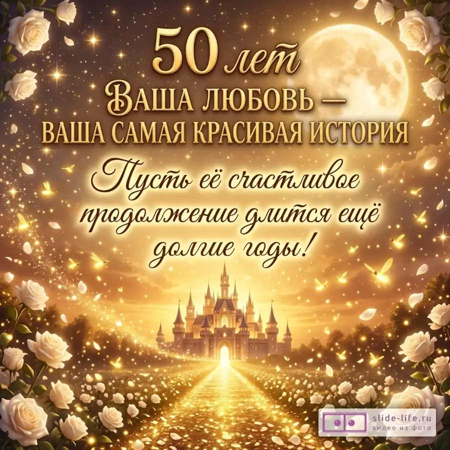 Золотисто-коричневый фон, луна, сказочный замок, розы и бабочки. Текст: «50 лет ВАША ЛЮБОВЬ — ВАША САМАЯ КРАСИВАЯ ИСТОРИЯ Пусть её счастливое продолжение длится ещё долгие годы!»