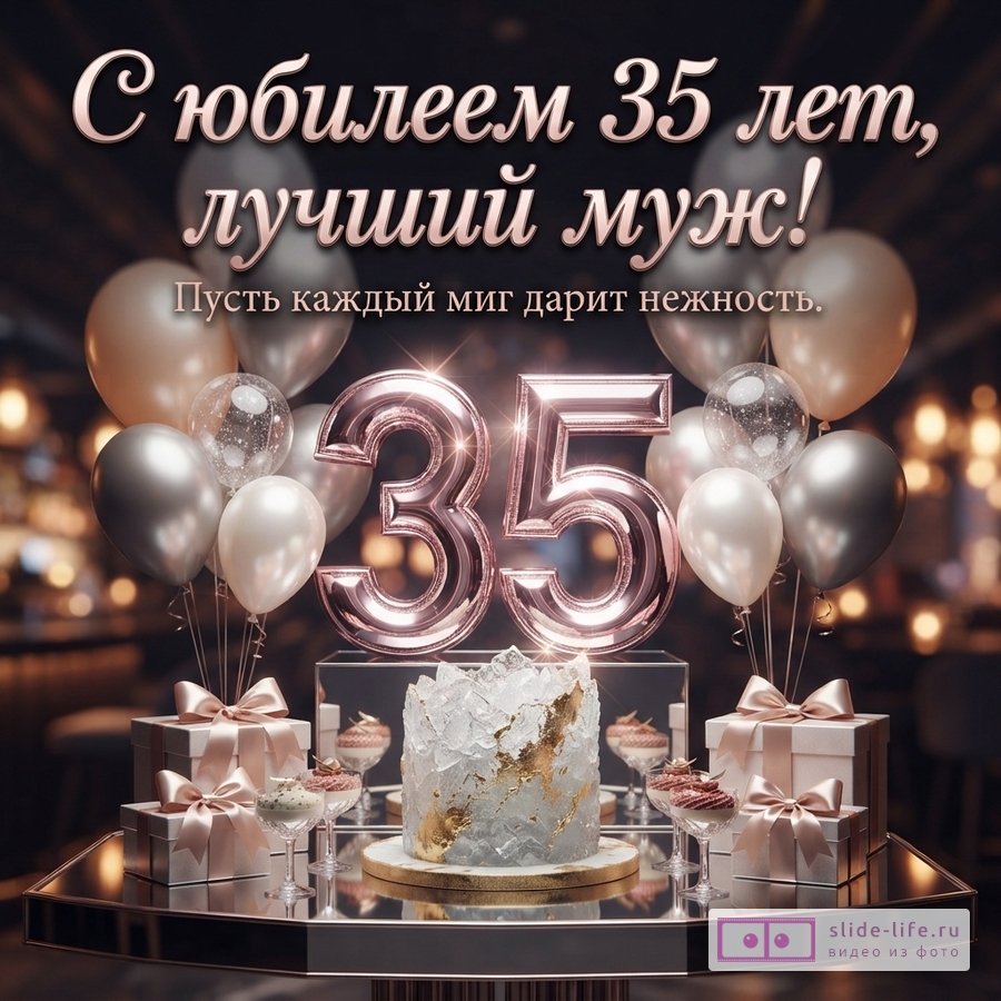 Праздничный стол с тортом, подарками, воздушными шарами и цифрой 35 с текстом «С юбилеем 35 лет, лучший муж! Пусть каждый миг дарит нежность.»