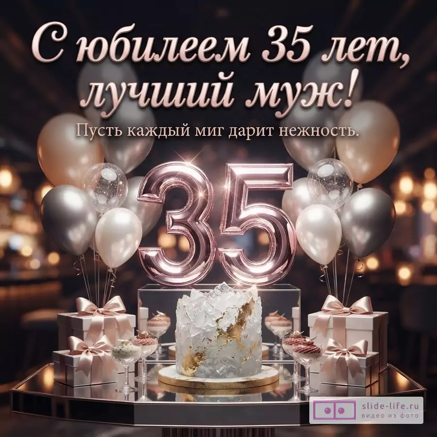 Праздничный стол с тортом, подарками, воздушными шарами и цифрой 35 с текстом «С юбилеем 35 лет, лучший муж! Пусть каждый миг дарит нежность.»