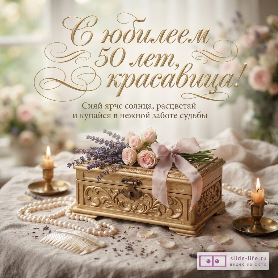 Открытка с юбилеем 50 лет женщине на фоне окна, золотая шкатулка с розовыми розами и лавандой, жемчужное ожерелье, горящие свечи. Текст: «С юбилеем 50 лет, красавица! Сияй ярче солнца, расцветай и купайся в нежной заботе судьбы»