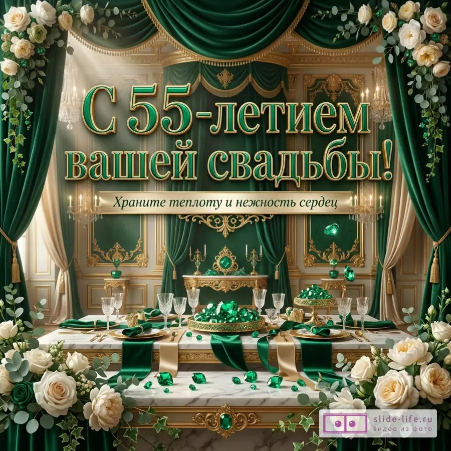 Зеленая и золотая открытка с драпировками, белыми розами, свечами, хрустальными бокалами, столом с изумрудами, текстом «С 55-летием вашей свадьбы!» и «Храните теплоту и нежность сердец»
