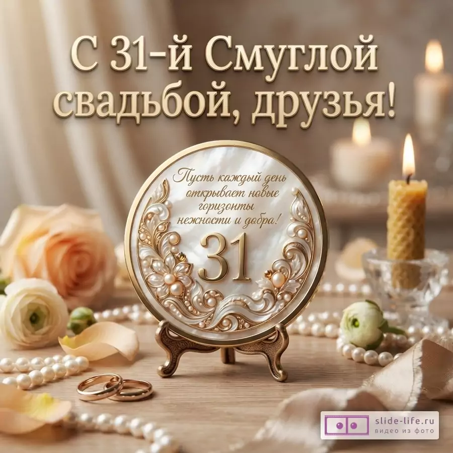 Открытка в бежево-золотых тонах с цветами, свечами, жемчугом и кольцами. Текст «С 31-й Смуглой свадьбой, друзья! Пусть каждый день открывает новые горизонты нежности и добра!»