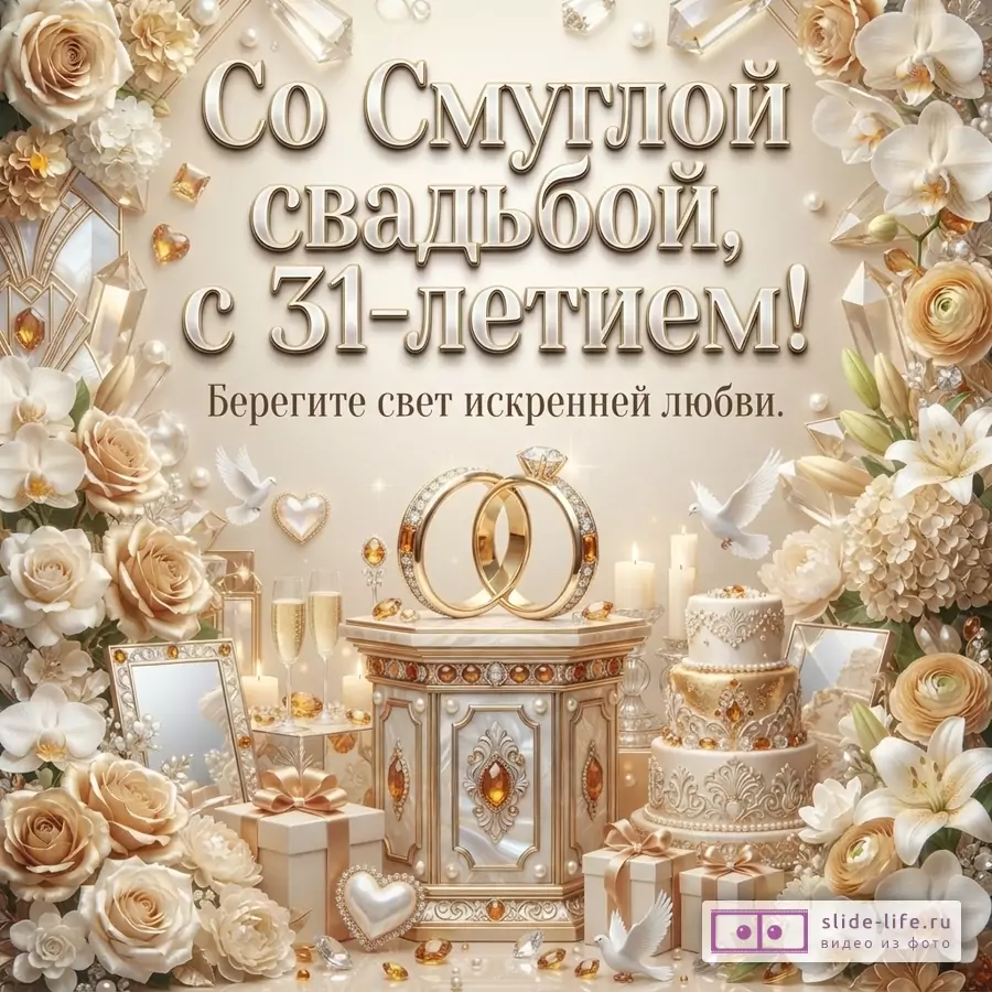 Бежево-золотая открытка с цветами, кольцами, свечами, тортом, голубями и текстом «Со Смуглой свадьбой, с 31-летием! Берегите свет искренней любви.»