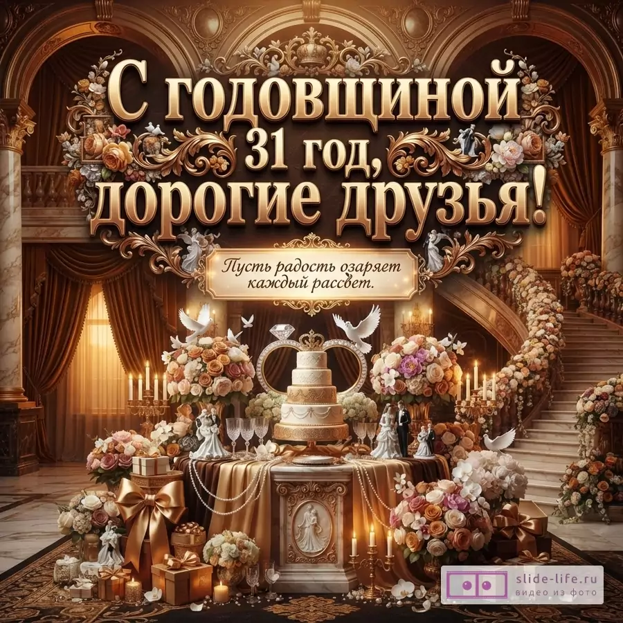 Торжественная открытка в золотисто-коричневых тонах с большим тортом, цветами, лестницей и текстом «С годовщиной 31 год, дорогие друзья! Пусть радость озаряет каждый рассвет.»