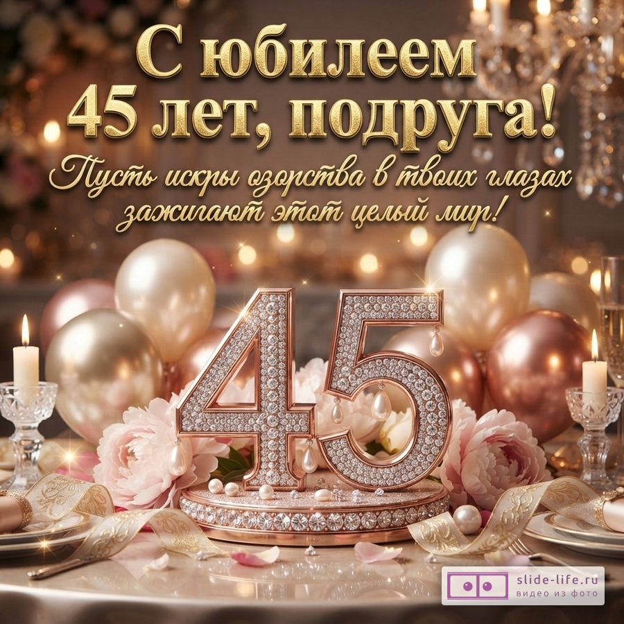 Золотые буквы на темном фоне, текст «С юбилеем 45 лет, подруга! Пусть искры озорства в твоих глазах зажигают этот целый мир!». Внизу композиция из цифр 45, украшенных стразами, розовых пионов, шаров и свечей.