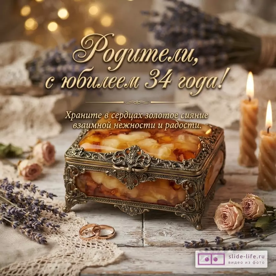 Фон размытый, боке, свечи, лаванда, кружево, шкатулка с янтарем, обручальные кольца, сухие розы. Текст: «Родители, с юбилеем 34 года! Храните в сердцах золотое сияние взаимной нежности и радости.»