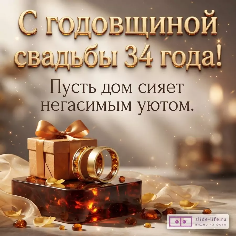 Фон бежевый, золотистый. В центре золотые обручальные кольца, подарочная коробка, янтарные камни. Текст «С годовщиной свадьбы 34 года! Пусть дом сияет негасимым уютом.»