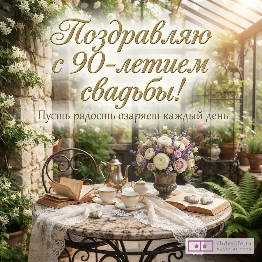 Круглый мраморный столик с чайным сервизом, книгами и букетом цветов в оранжерее, надпись «Поздравляю с 90-летием свадьбы! Пусть радость озаряет каждый день».