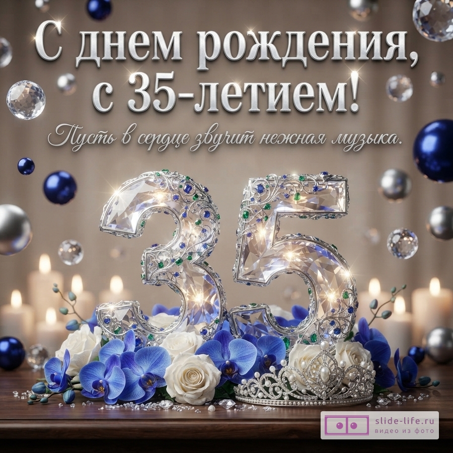 Хрустальная цифра 35 в окружении синих орхидей, белых роз и диадемы с надписью «С днем рождения, с 35-летием! Пусть в сердце звучит нежная музыка.»