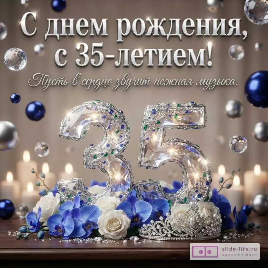 Хрустальная цифра 35 в окружении синих орхидей, белых роз и диадемы с надписью «С днем рождения, с 35-летием! Пусть в сердце звучит нежная музыка.»