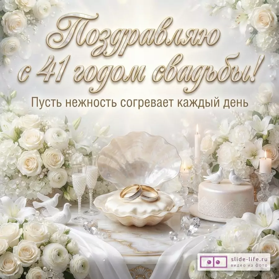 Белый цветочный фон, золотистая надпись «Поздравляю с 41 годом свадьбы! Пусть нежность согревает каждый день.», кольца, свечи, торт, ракушка, белые голуби
