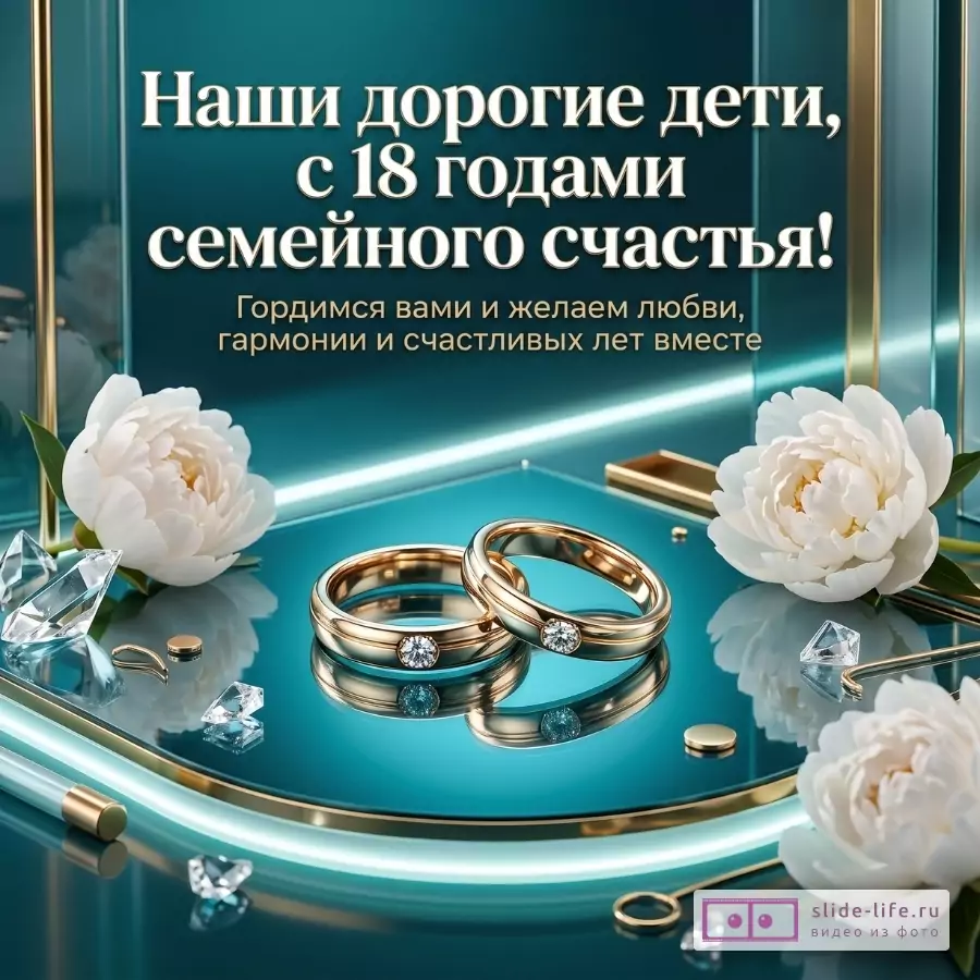 Бирюзовый фон, золотые кольца с камнями и белые пионы. Текст: «Наши дорогие дети, с 18 годами семейного счастья!»