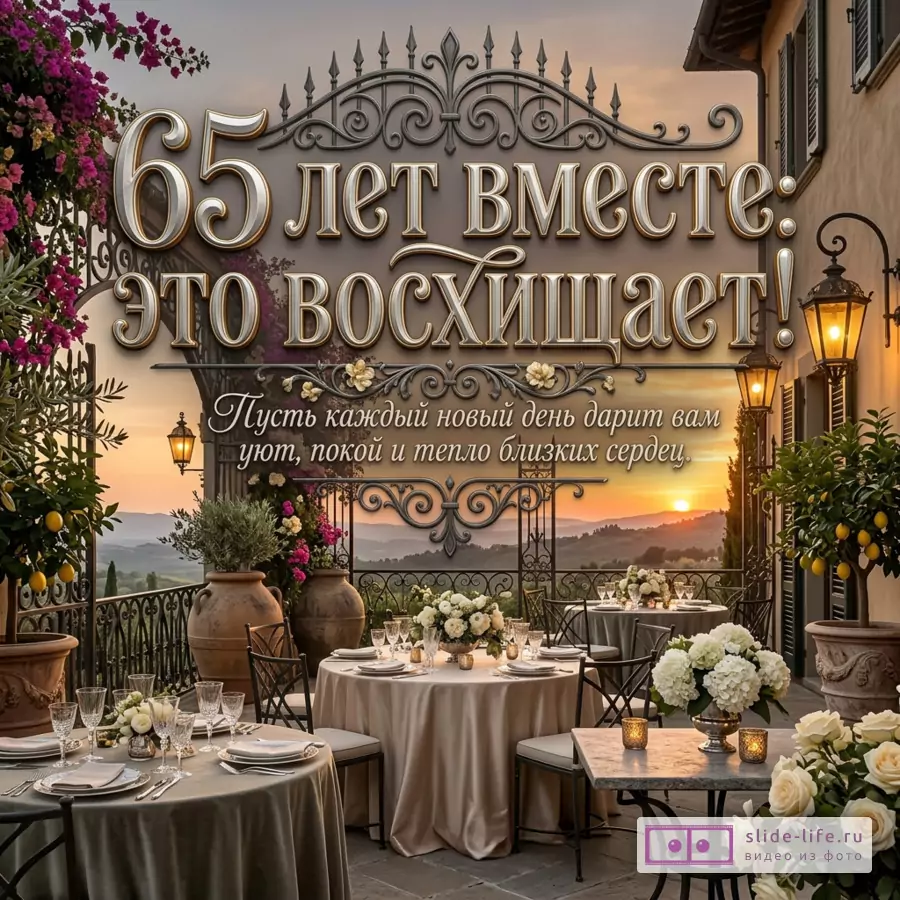 Терраса с сервированными столами, кованой аркой, фонарями, цветами и закатом, бежево-золотой фон, текст «65 лет вместе: это восхищает! Пусть каждый новый день дарит вам уют, покой и тепло близких сердец.»