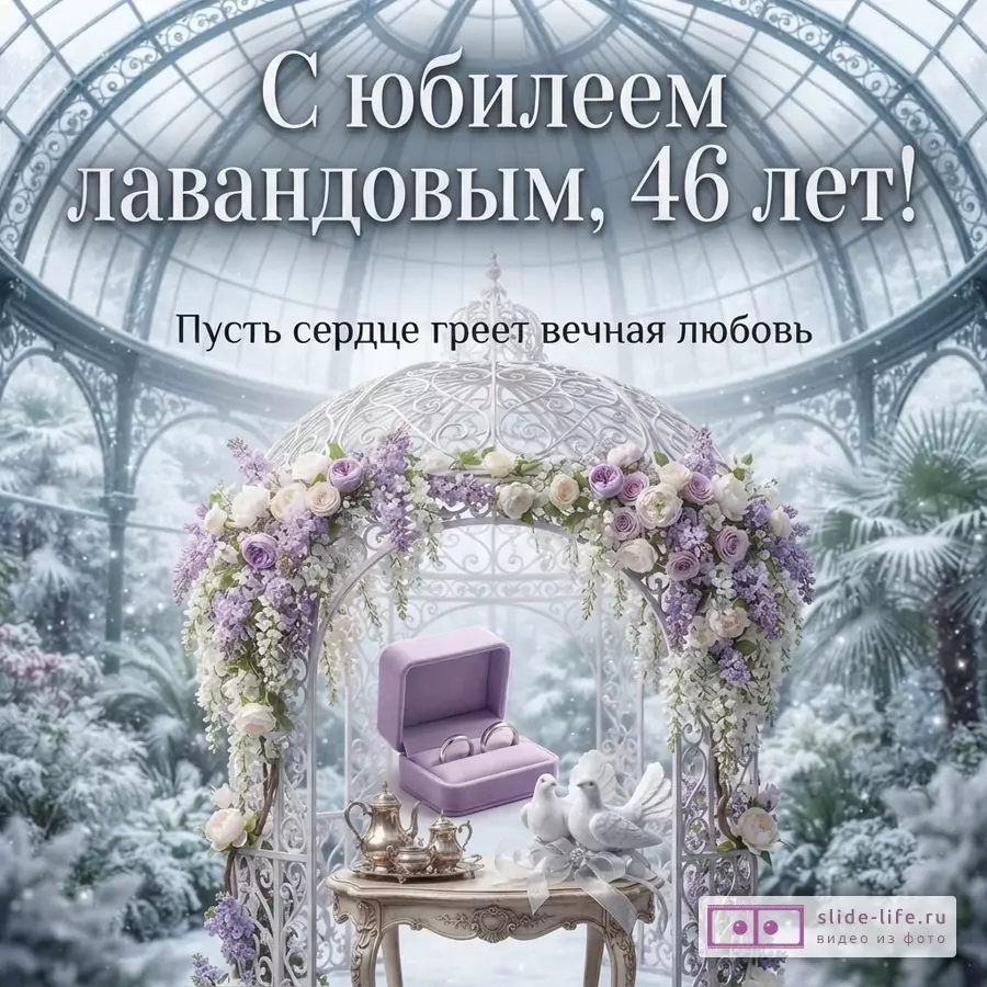 Открытка с белым фоном, текст «С юбилеем лавандовым, 46 лет! Пусть сердце греет вечная любовь». На переднем плане беседка, украшенная лавандовыми и белыми цветами, на столике шкатулка с кольцами и две фигурки голубей.