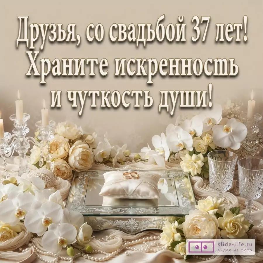 Бежевый фон, сверху текст «Друзья, со свадьбой 37 лет! Храните искренность и чуткость души!». Внизу свечи, белые и кремовые цветы, жемчуг, подушечка с кольцами, два бокала.