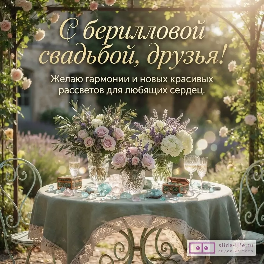 Сервированный круглый стол в саду с букетами роз, гортензий и бокалами, надпись «С бериллиевой свадьбой, друзья! Желаю гармонии и новых красивых рассветов для любящих сердец.»