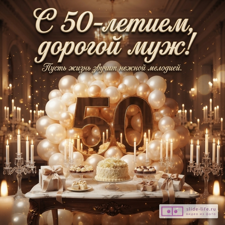 Открытка с золотым фоном, шарами, свечами, тортом и подарками. В центре крупная цифра «50». Текст: «С 50-летием, дорогой муж! Пусть жизнь звучит нежной мелодией.»