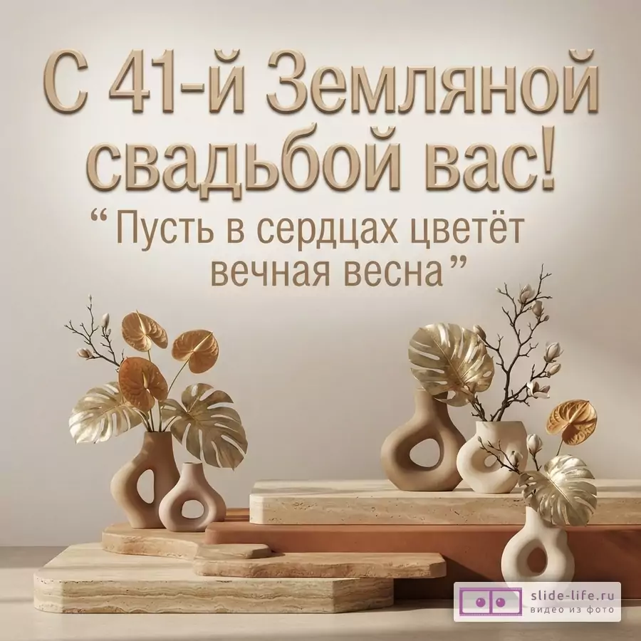 Бежевый фон, бежевые подиумы, бежевые вазы, золотые листья. Текст: «С 41-й Земляной свадьбой вас! «Пусть в сердцах цветёт вечная весна»»