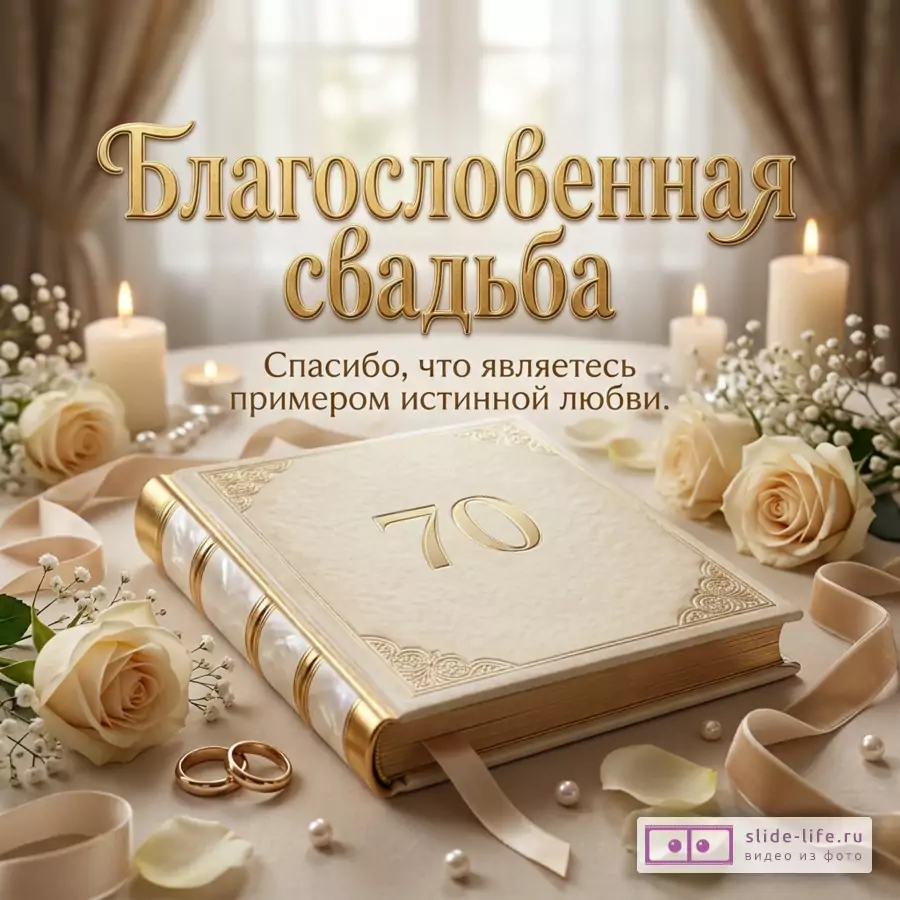 Кремово-бежевый фон, белая книга с золотым тиснением и числом «70», обручальные кольца, свечи, белые розы, ленты, текст «Благословенная свадьба» и «Спасибо, что являетесь примером истинной любви.»