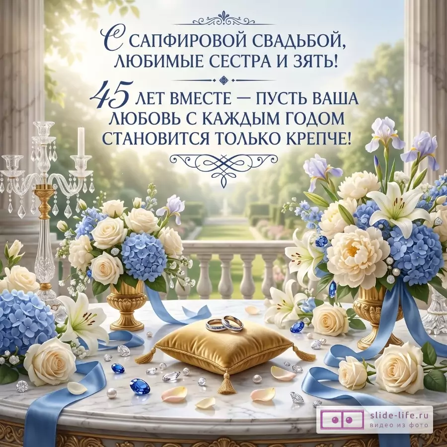 Светлый садовый фон, синие и кремовые цветы, золотая подушка с кольцами. Текст: «С сапфировой свадьбой, любимые сестра и зять! 45 лет вместе — пусть ваша любовь с каждым годом становится только крепче!»